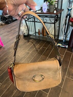 Classic Tory Burch Tan suede leather -  Shoulder Bag with Gold Ring Accent